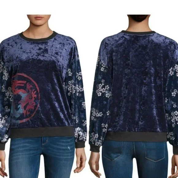 ❤️ NEW Disney Princess Sweatshirt Top Blue Floral Velour Size Large - Picture 5 of 11